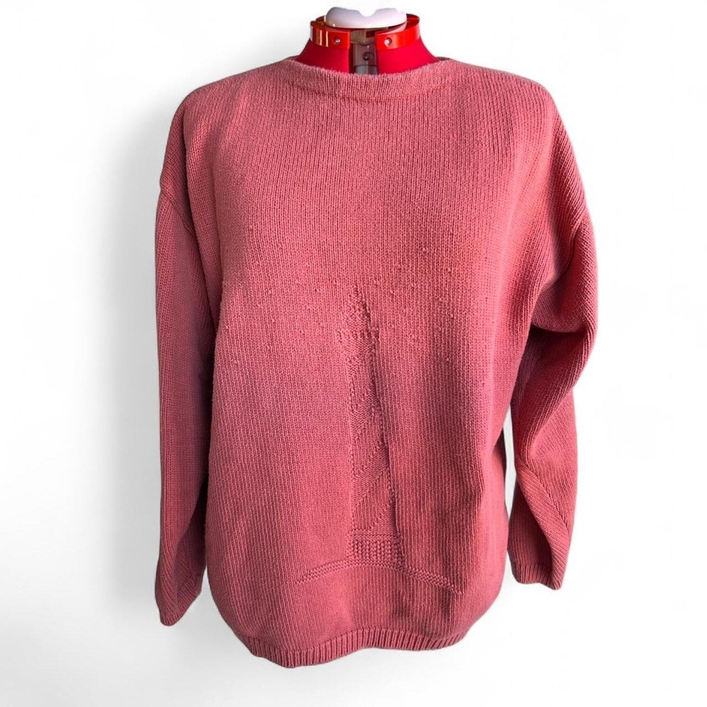 Coral Pink Cotton Knit Sweater Textured Lighthouse Design Large Coastal Nautical